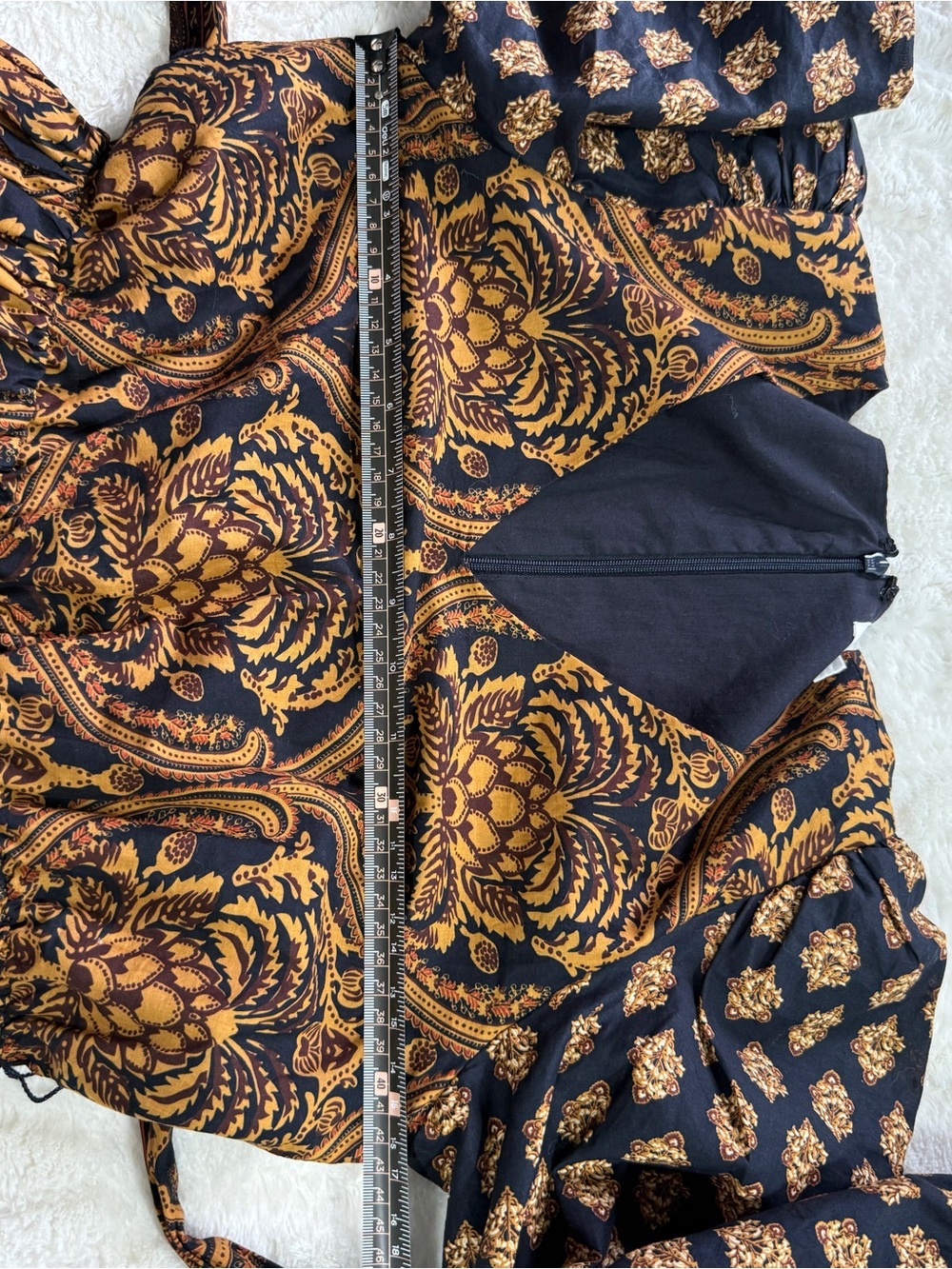 A Loves A XS Navy Gold Paisley Tiered Maxi Dress Boho Puff Sleeve - Picture 9 of 10